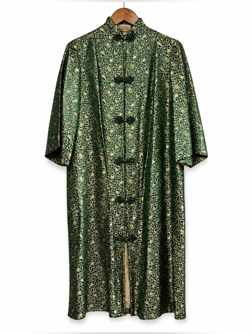 Green Brocade Mandarin Collar Coat with Gold Motif